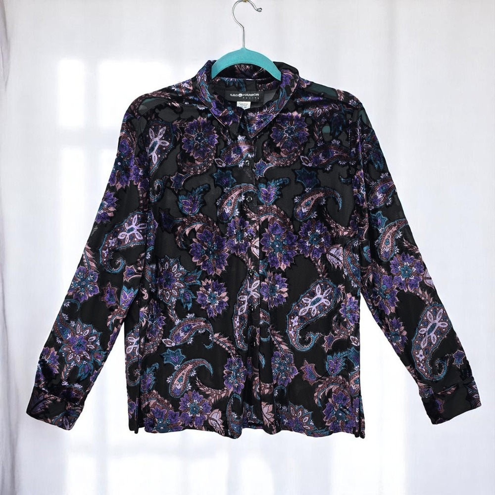 Sag Harbor Woman 12 Petite Paisley Velvet Burnout Blouse‎ Button Down Whimsygoth